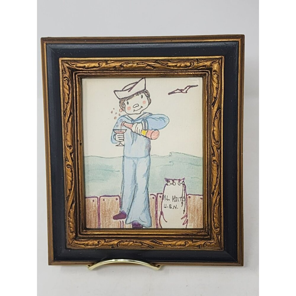 Vintage Hand Drawn/Painted Framed Picture Unknown Artist Unsigned USA Navy